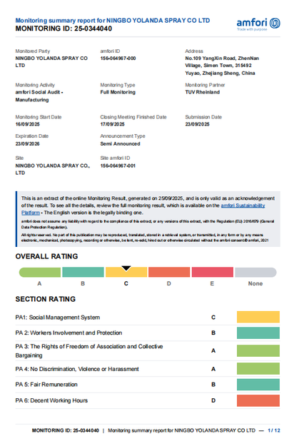 Κίνα Ningbo Yolanda Spray Co., Ltd. Πιστοποιήσεις